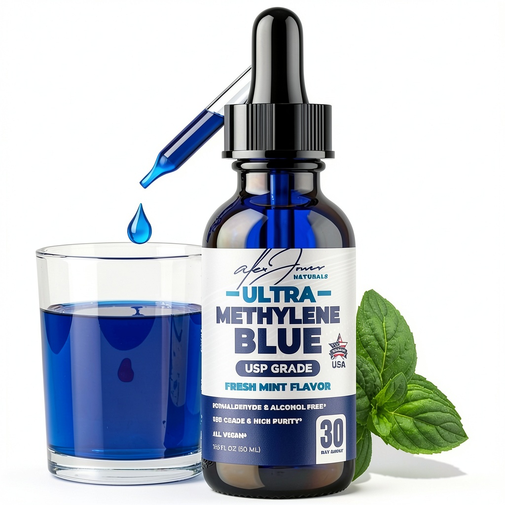 Installing Alex Jones Methylene Blue Drops 1% USP Grade Fresh Mint 50ml on a laboratory bench