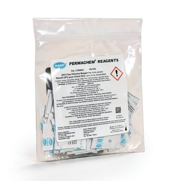Hach DPD Free Chlorine Reagent Powder Pillows, 10 mL, Pack of 100, Range from 0.02-2.00 mg/L Cl₂, USEPA Accepted Method 8021, Drinking Water and Wastewater Analysis, for Use with Colorimeter, 2105569-0